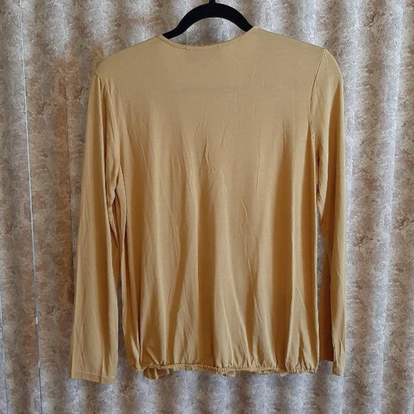 Mustard colored l/s wrap ruffle front blouse - Picture 5 of 5